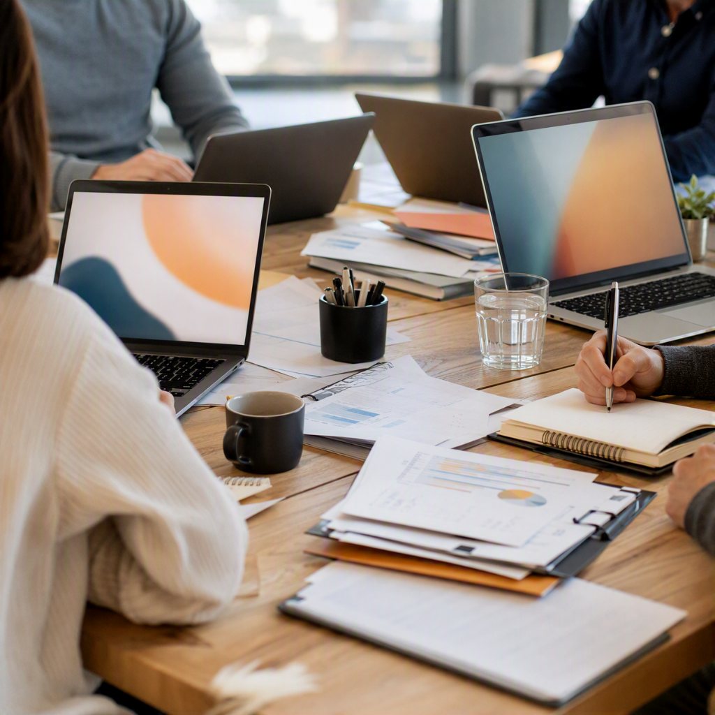 Professional team working together around a shared table